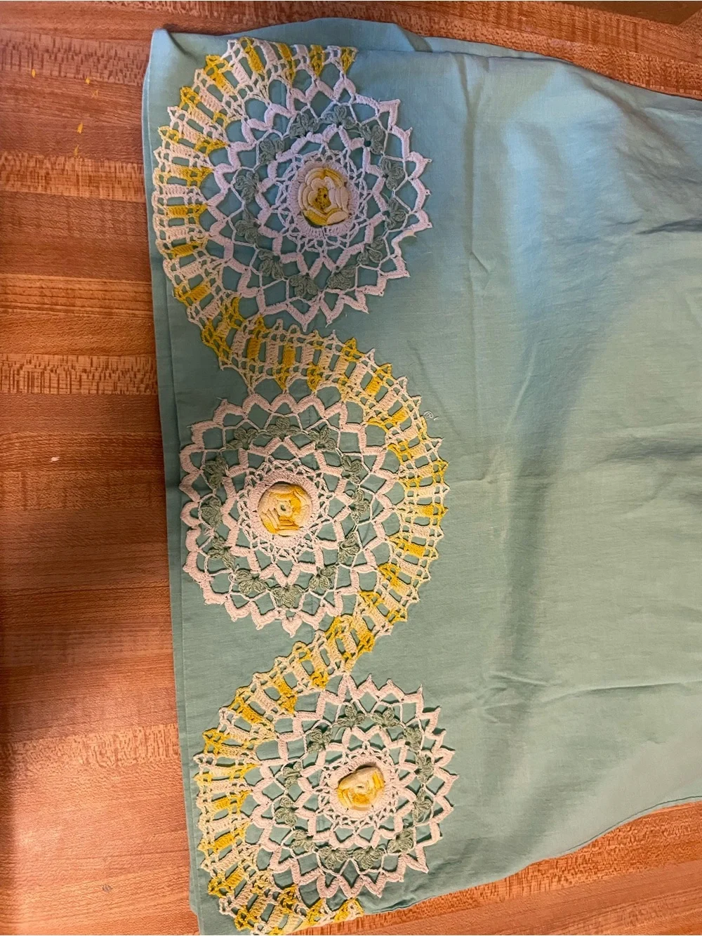 Vintage Aqua Sheets with White Crochet and Yellow Embroidery